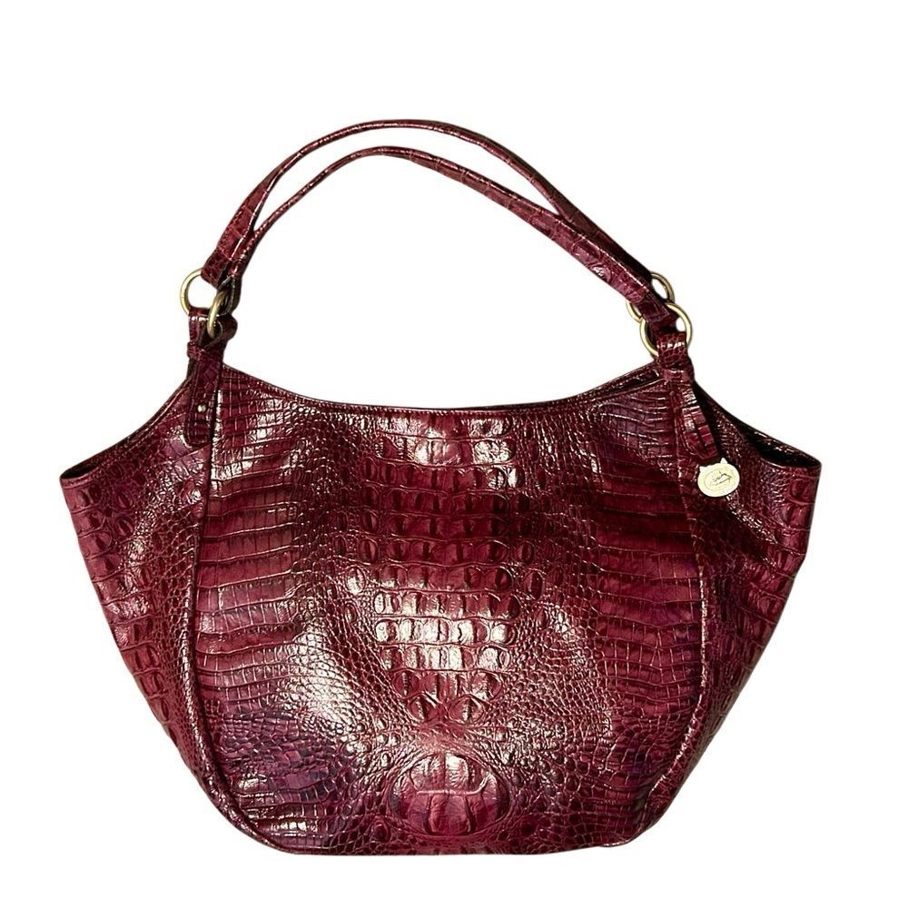Brahmin Jacqueline Melbourne Fig Croc Embossed Wine Hobo Shoulder Bag Tote Gold - Picture 7 of 16